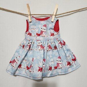 Handmade Doll Dress Winter Penguins Light Blue with Red Accents